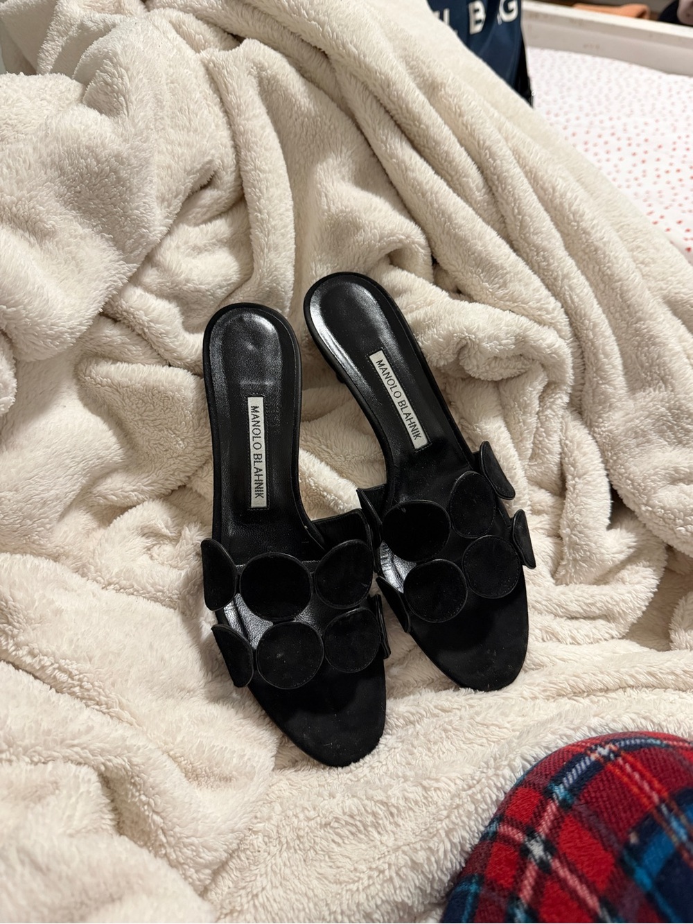 Manolo Blahnik Black Suede Circle Appliqué Slip-On Mules